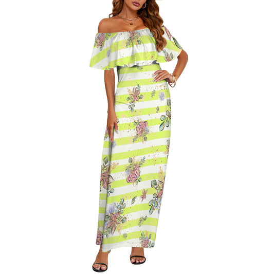 Floral Yellow Stripe Women's Off Shoulder Ruffle Boat Neck Dress (Model D71)