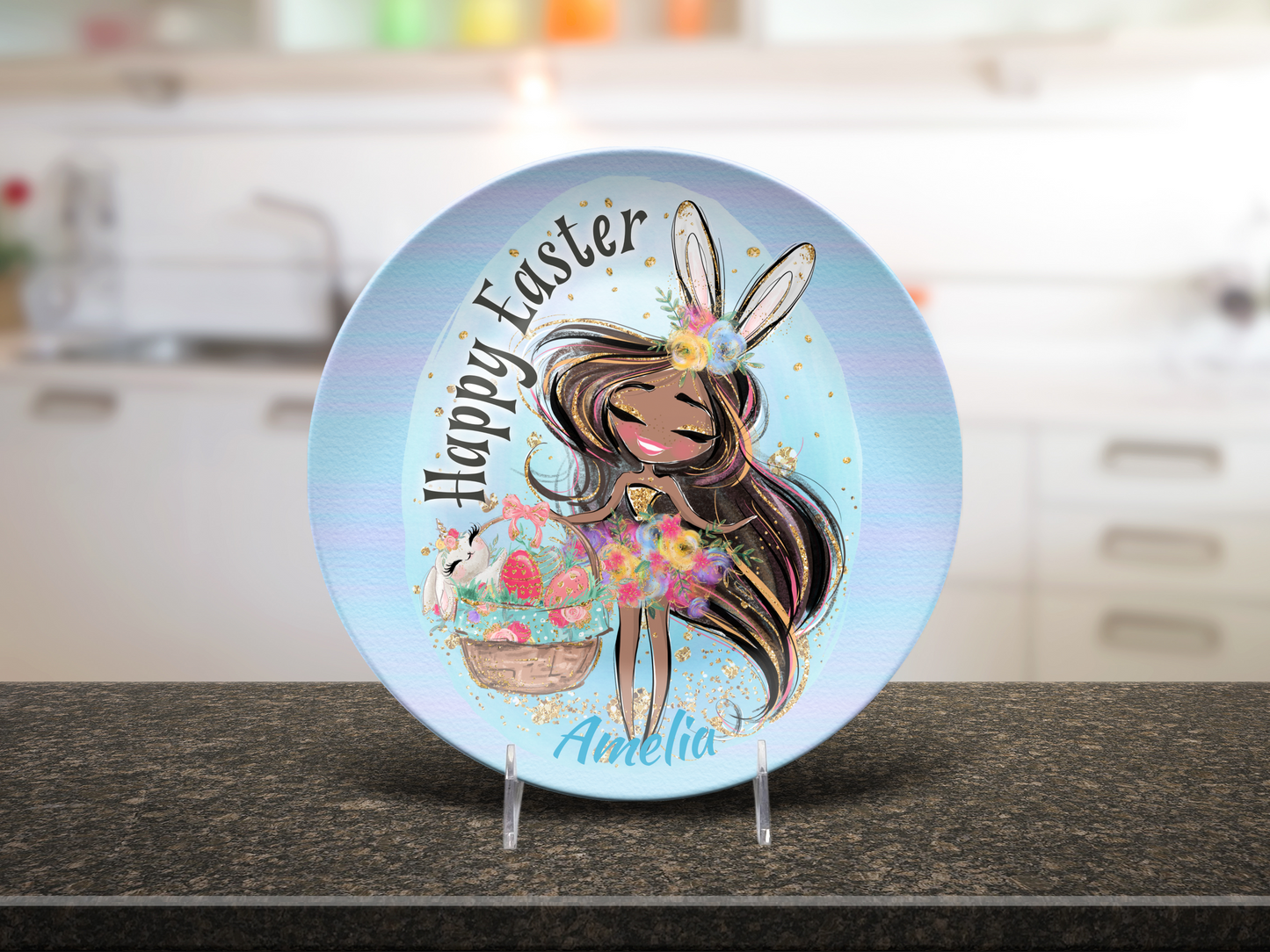 Easter Girl and Bunnies Personalised Plate