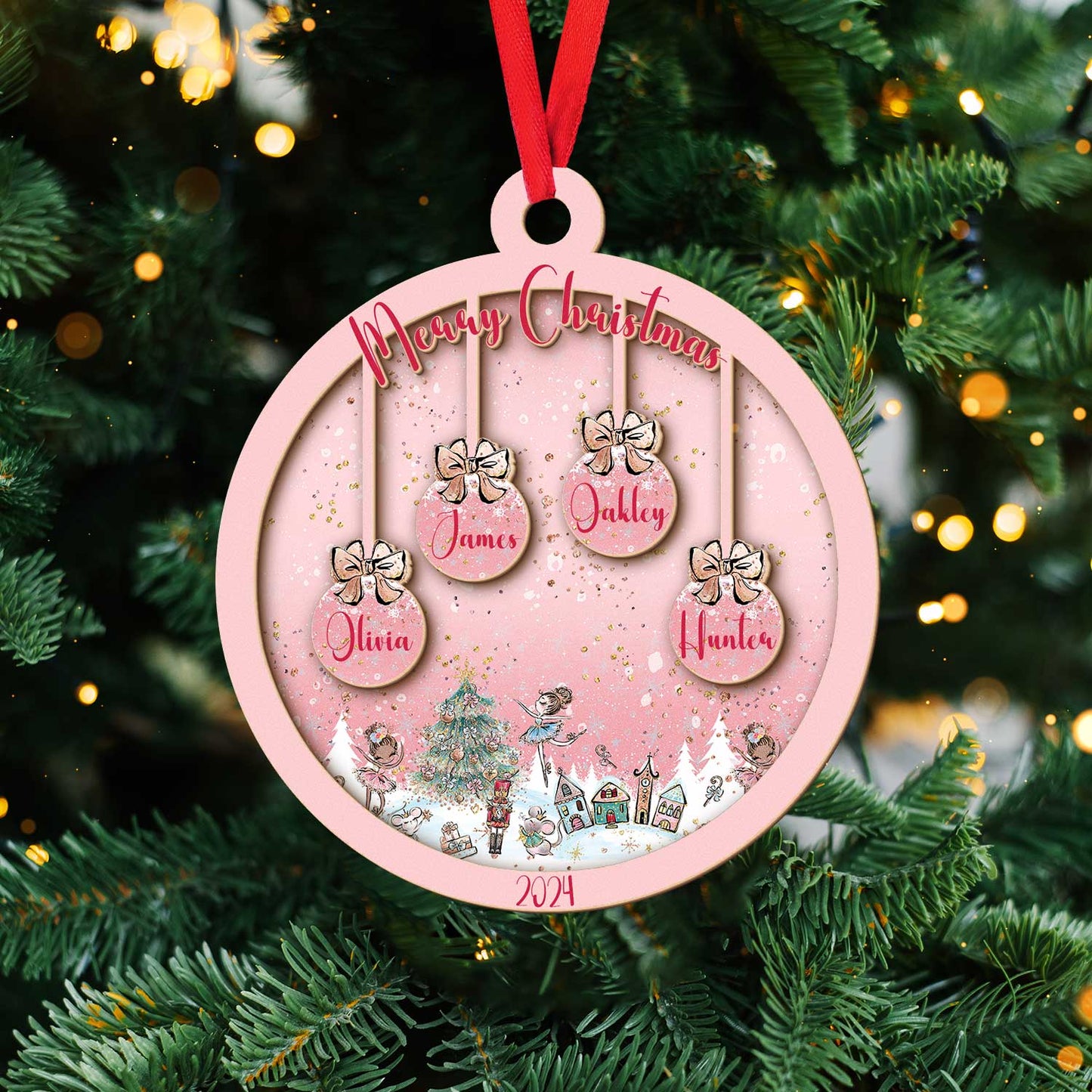 Layered Wooden Personalised Pink Christmas Bauble Ornament