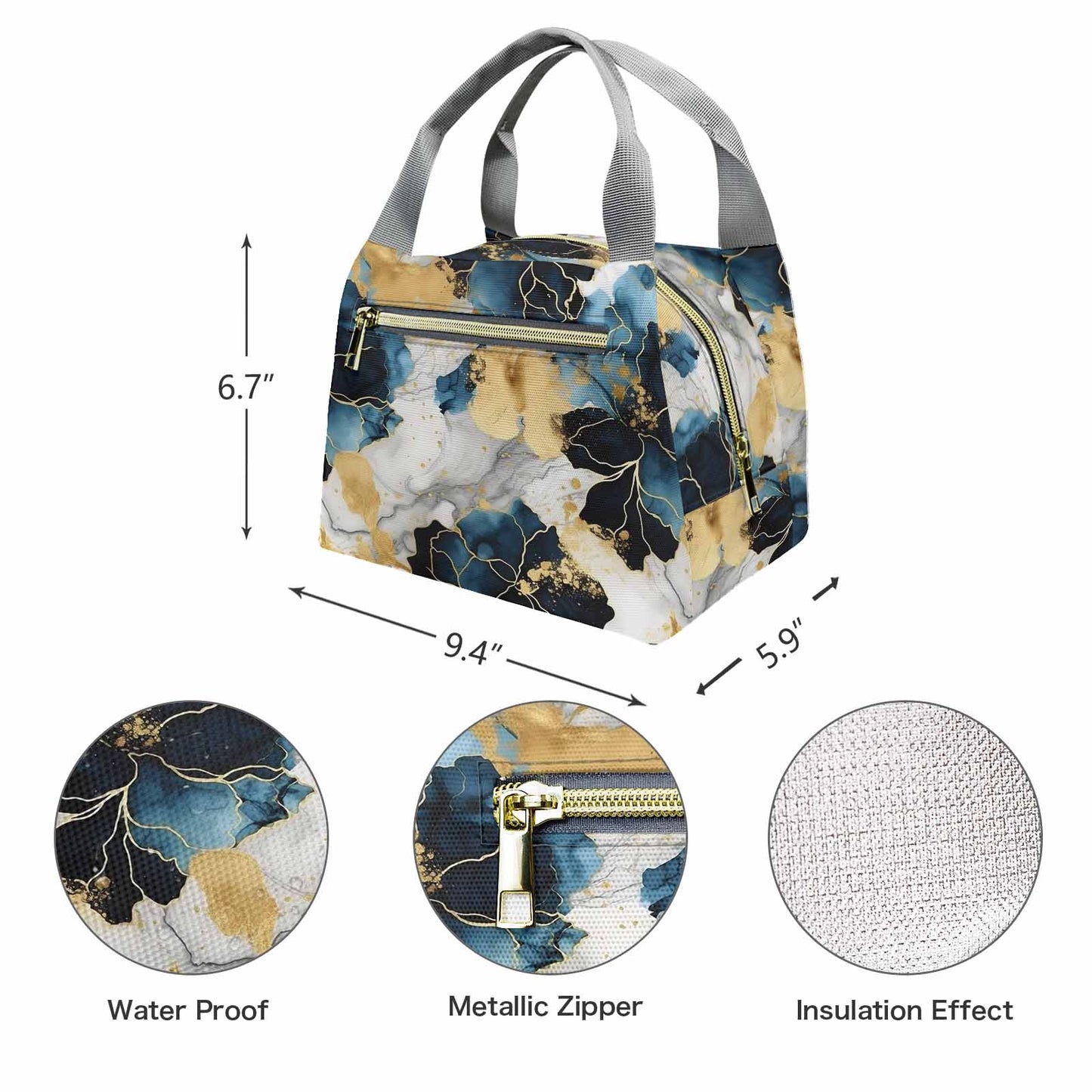 Blue Ink Floral  Portable Lunch Bag-Grey Handle