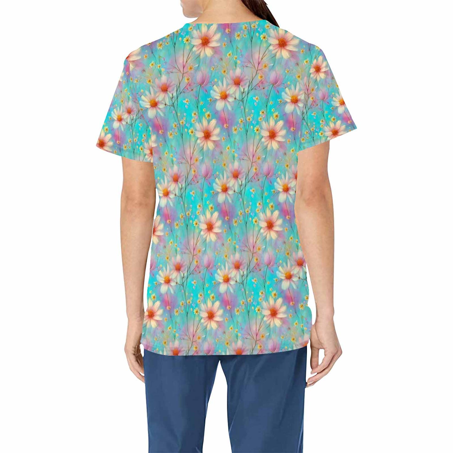 Pastel Wildflowers  Women's V Neck Scrub Top Nurse Uniform with Deep Front Pockets