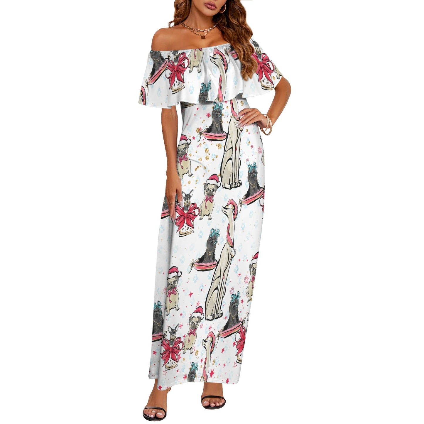 Dog Christmas Women's Off Shoulder Ruffle Boat Neck Dress (Model D71)