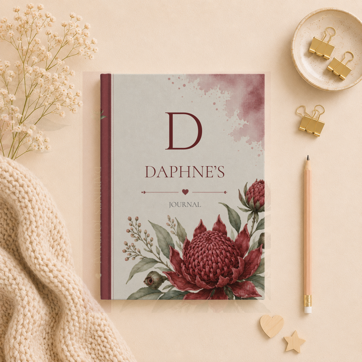 Custom Australia Waratah Floral Journal, Personalized Matte Hardcover Notebook, Botanical Diary with Lined Pages, Gift for Writers, Artistic Stationery