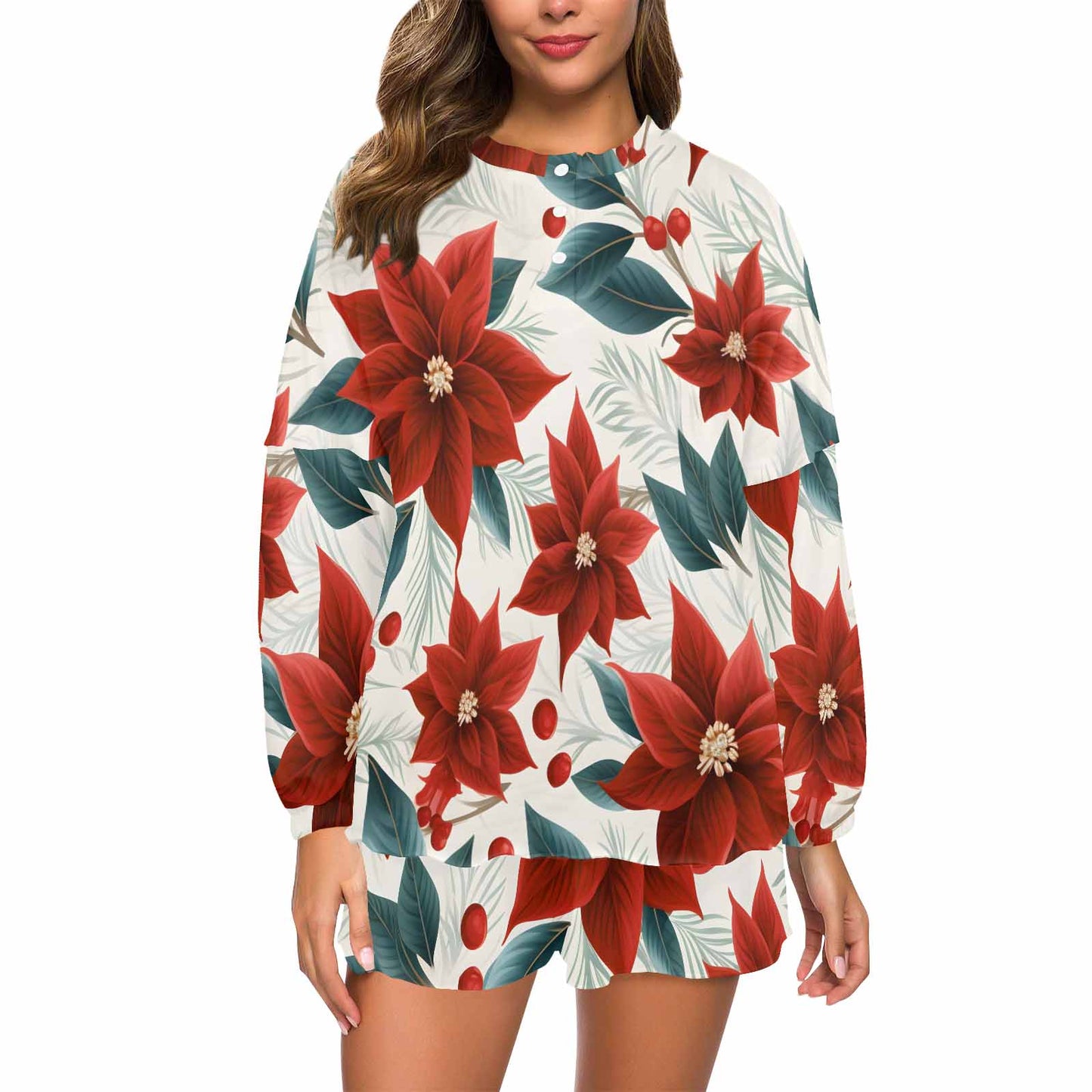 Christmas Red Poinsettia  Women's Long Sleeve Pajama Set with Shorts