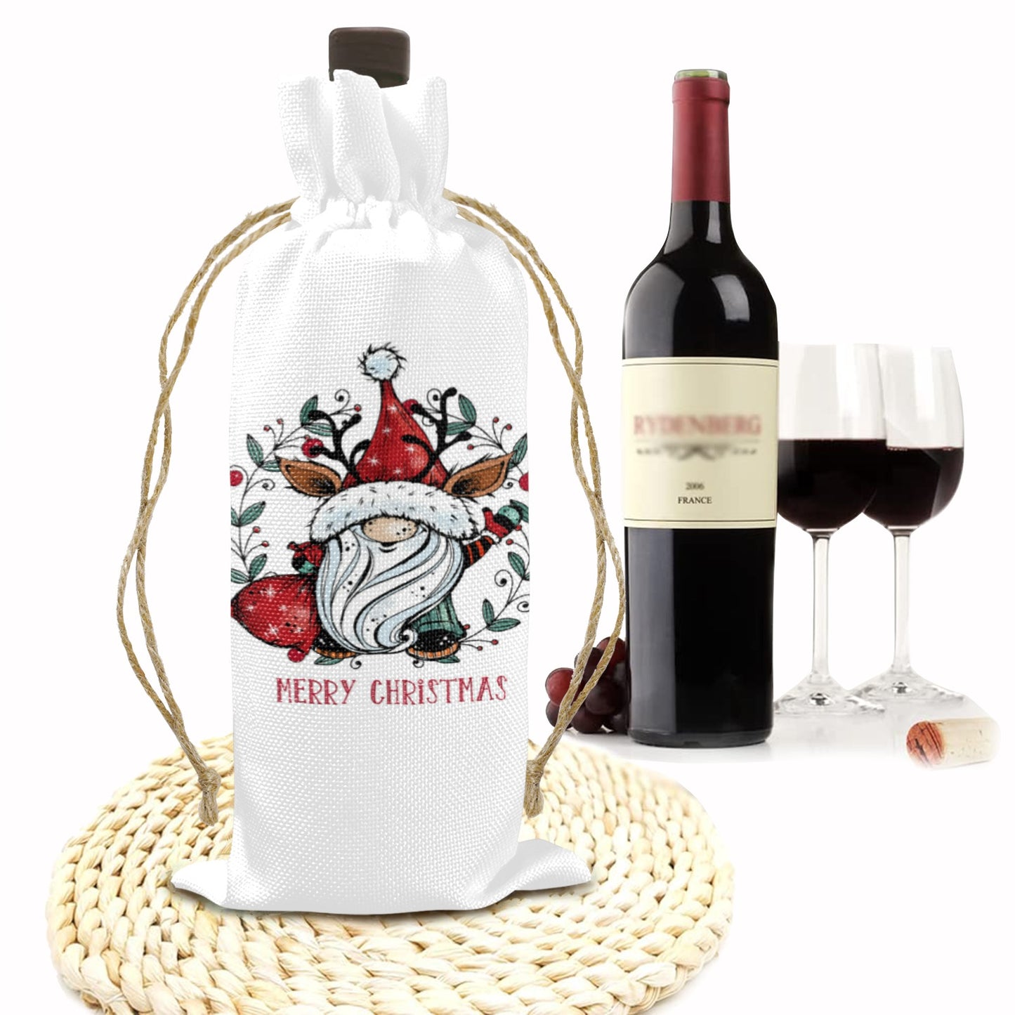 Merry Christmas Whimsical Santa Linen Wine Bottle Bag