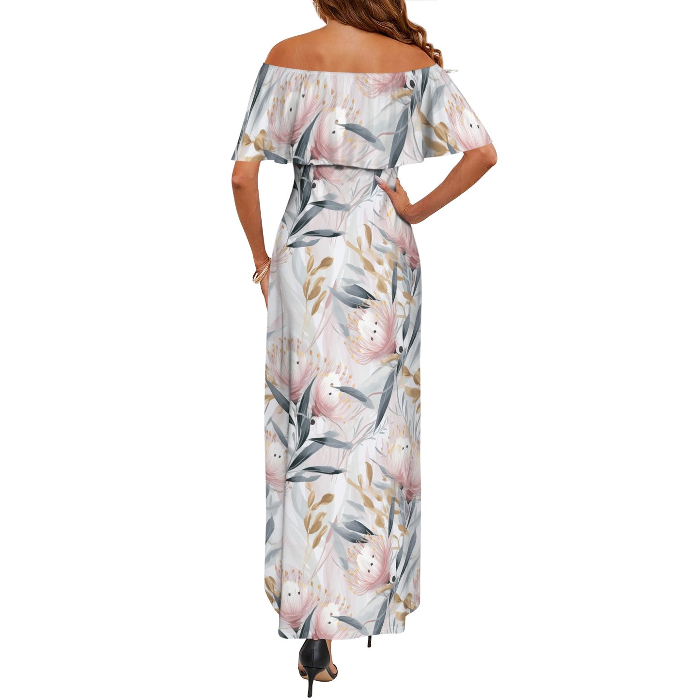 Australian Floral Pink & Grey Women's Off Shoulder Ruffle Boat Neck Dress (Model D71)