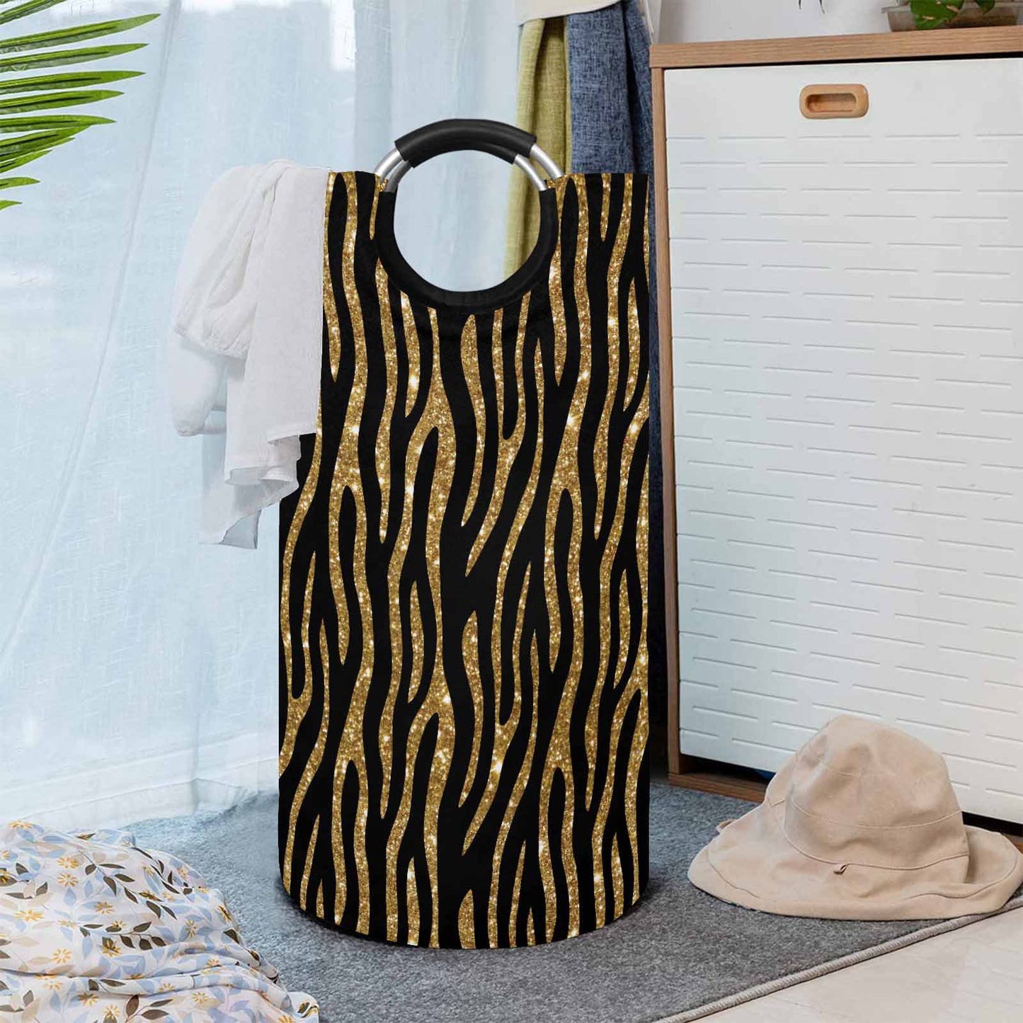 Black and Gold Glitter Leopard Print  Round Laundry Basket