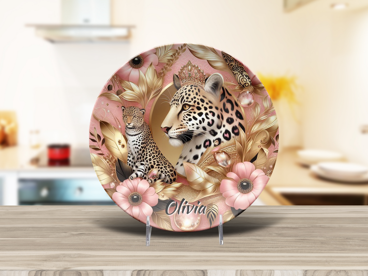 Personalized Leopard Print Platter, Pink Gold Home Decor, Unique Plates for Gifts, Microwave Safe Dining, Dishwasher Safe Tableware