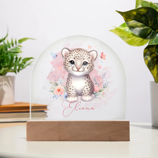 Personalised Leopard Acrylic Dome Plaque Wooden Base Night Light