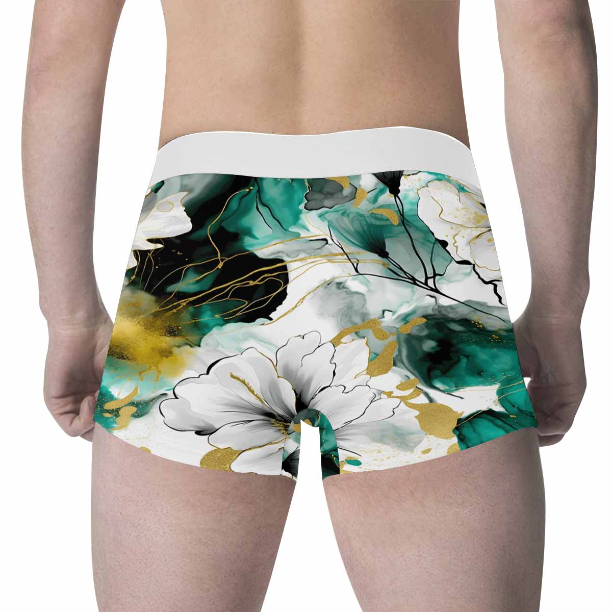 Green and White Ink Floral Men's All Over Print Boxer Briefs (Made In AUS)