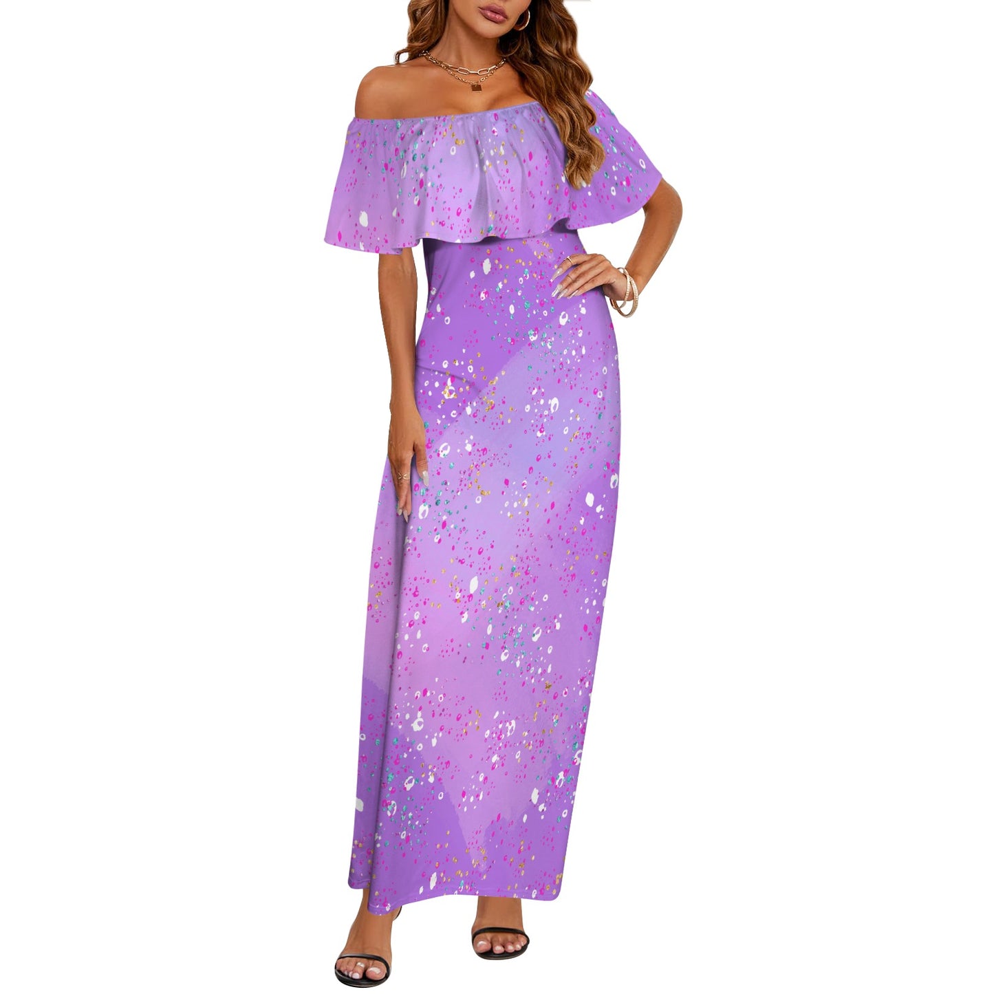 Purple Splash Women's Off Shoulder Ruffle Boat Neck Dress (Model D71)