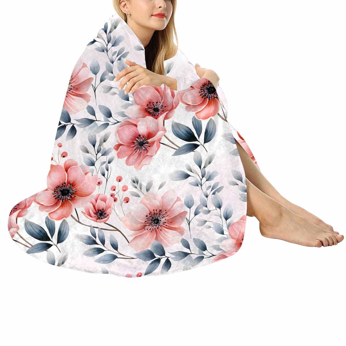 Apricot and Grey Floral  Circular Micro Fleece Blanket 47"