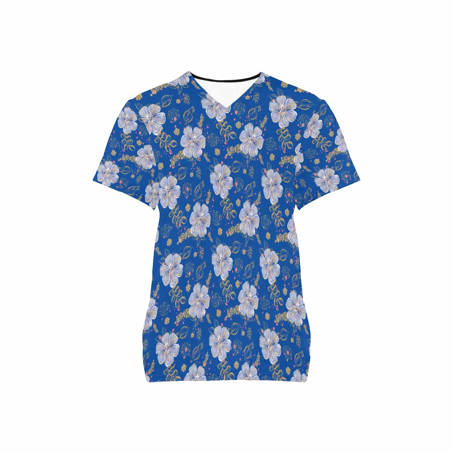 Blue Floral  Women's V Neck Scrub Top Nurse Uniform with Deep Front Pockets