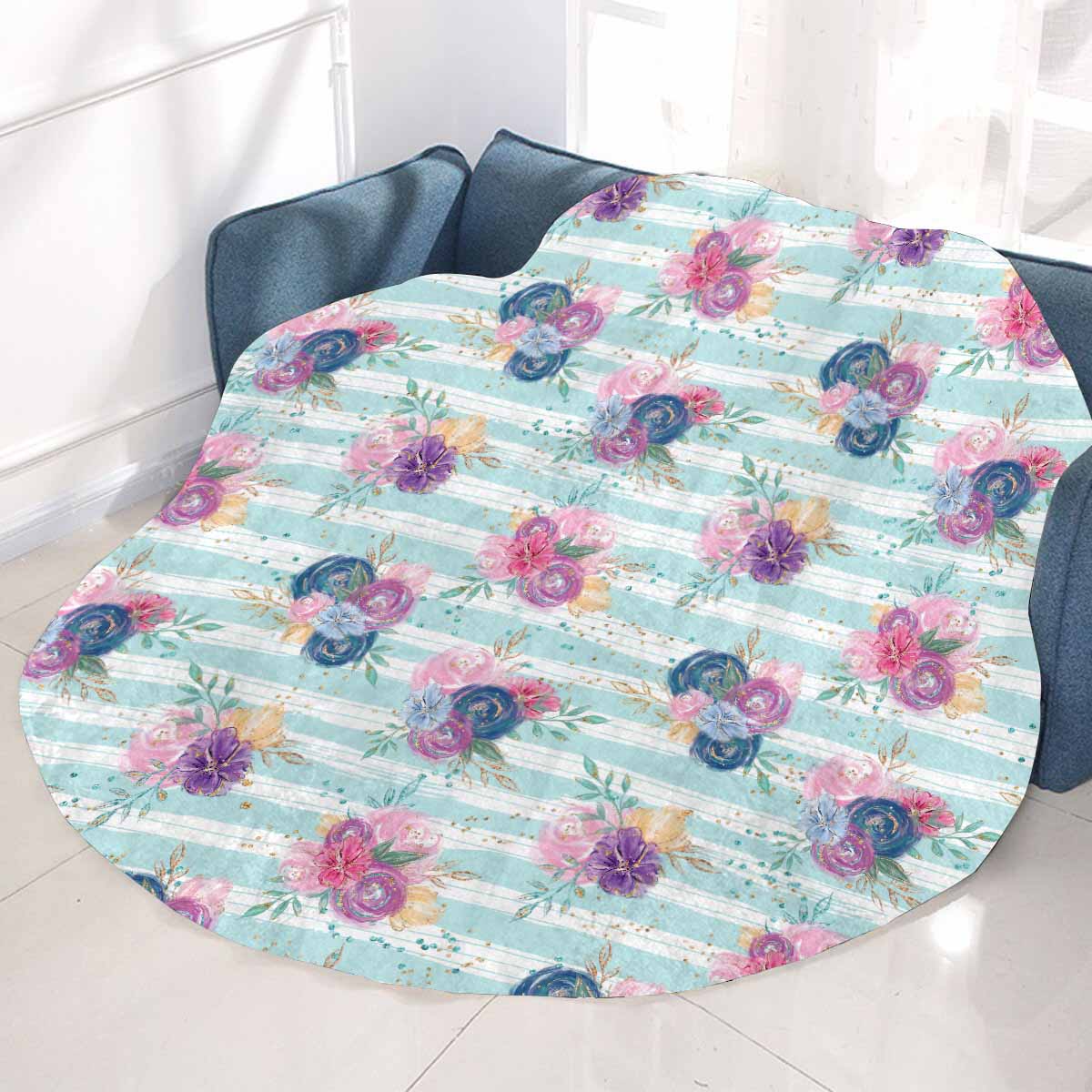Purple and Pink floral Blue Stripes  Circular Micro Fleece Blanket 47"