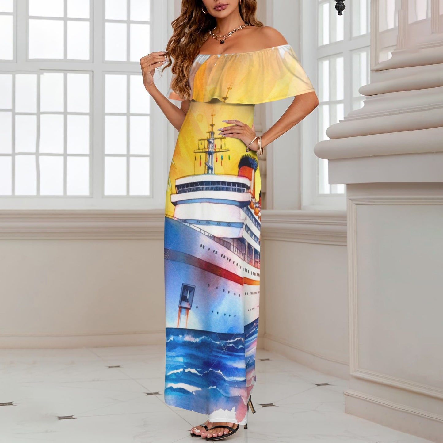 Just Cruisin 2 Women's Off Shoulder Ruffle Boat Neck Dress (Model D71)
