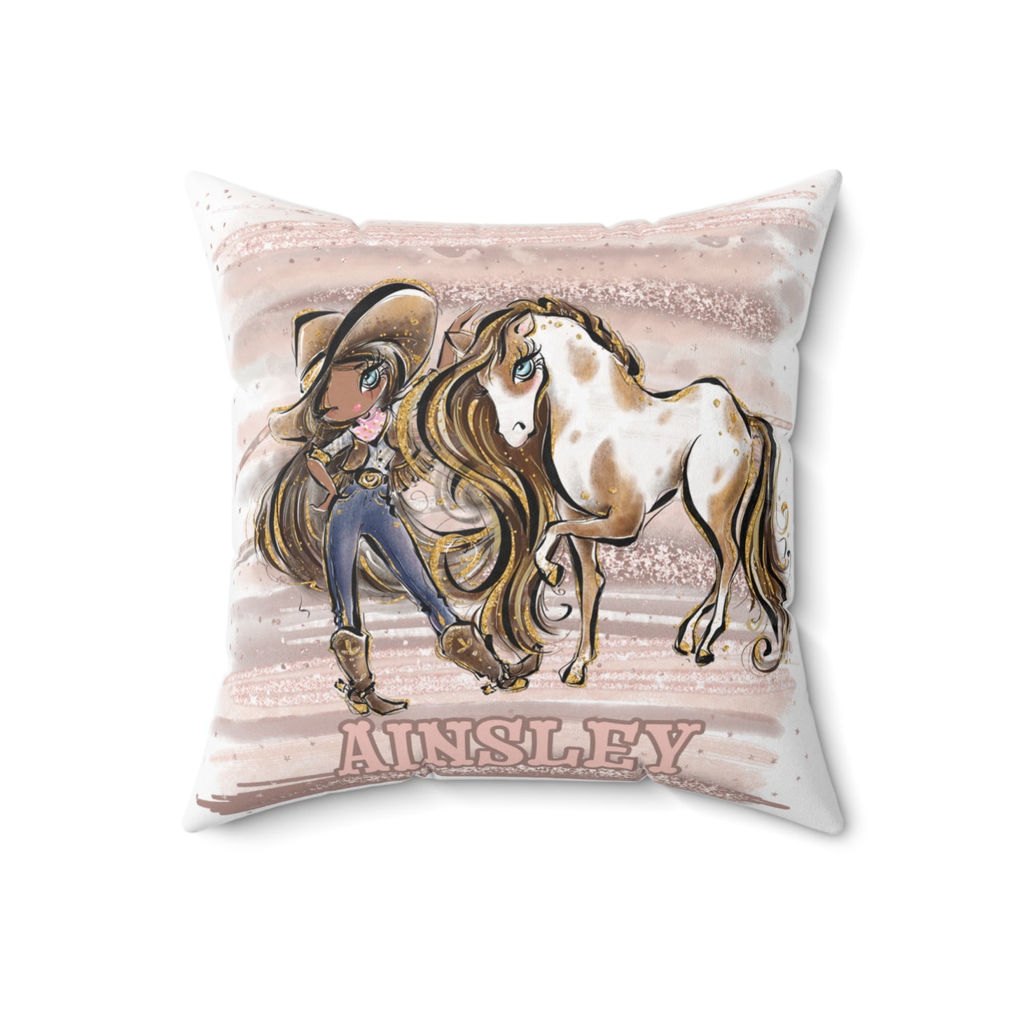 Personalised Cowgirl and Horse Cushion,  Brown Hair, Olive Skin, Blue Eyes, Polyester Square Cushion, Christmas cushion