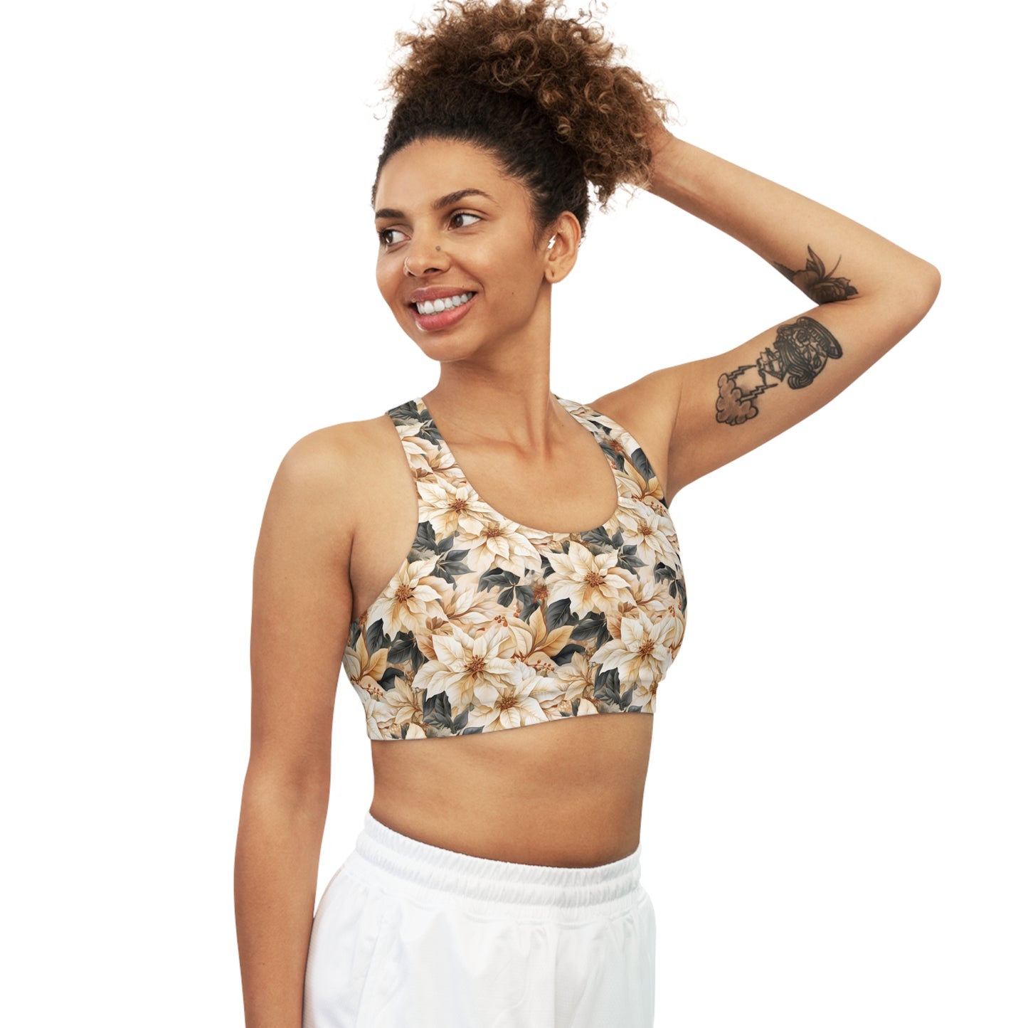 Seamless Sports Bra, Cream Poinsettia