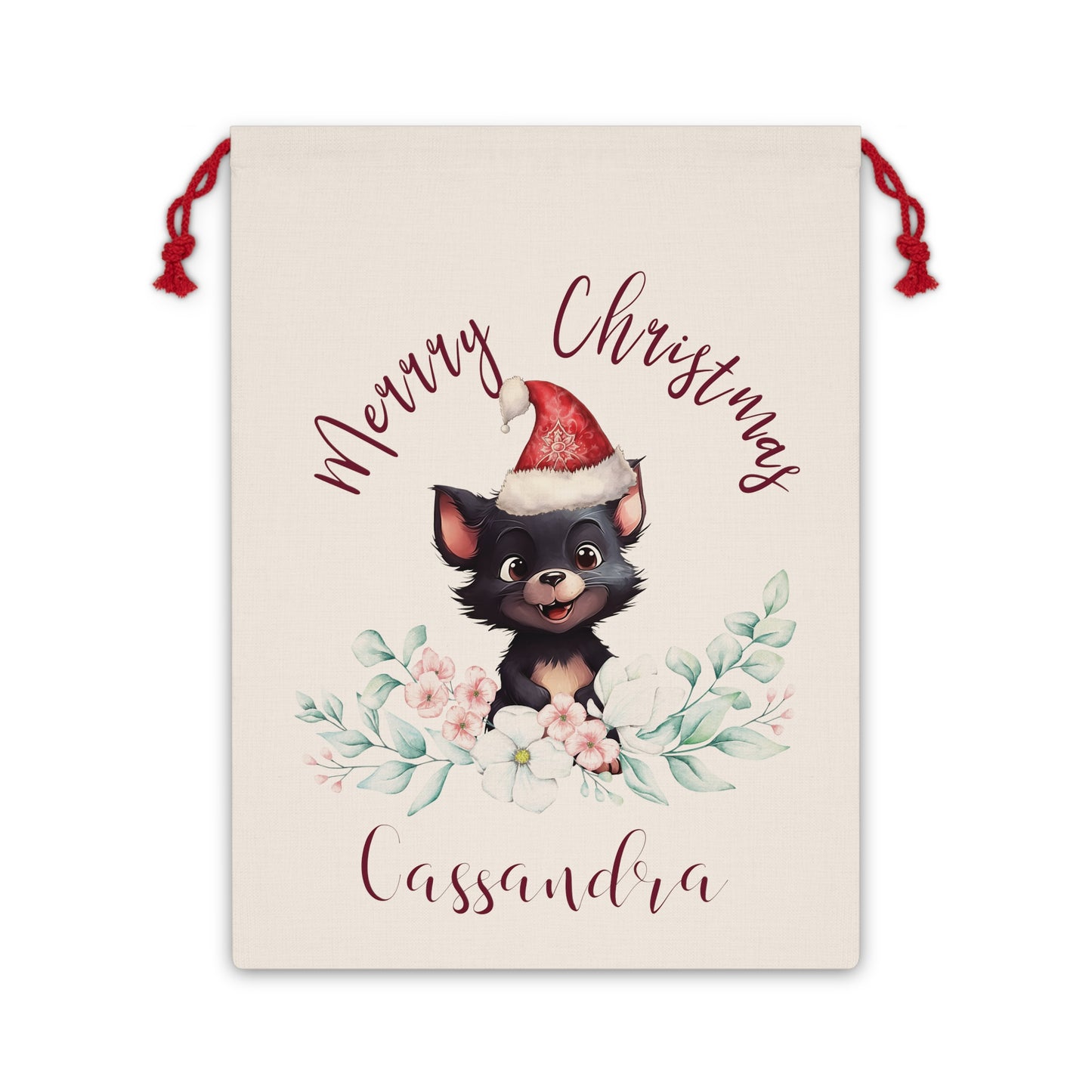 Personalised Santa Sack, Tasmanian Devil Eucalyptus Leaves Linen Bag