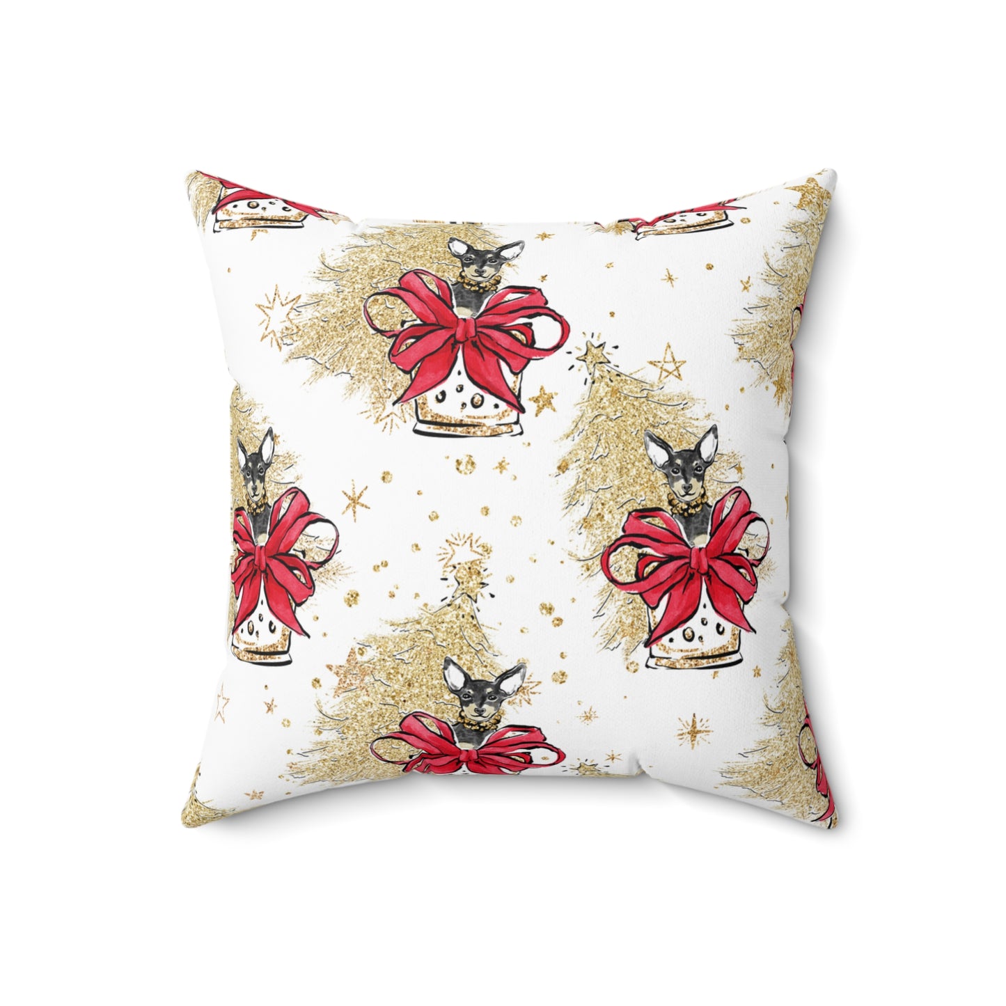 Spun Polyester Square Pillow, Doggie Gold Christmas Cushion