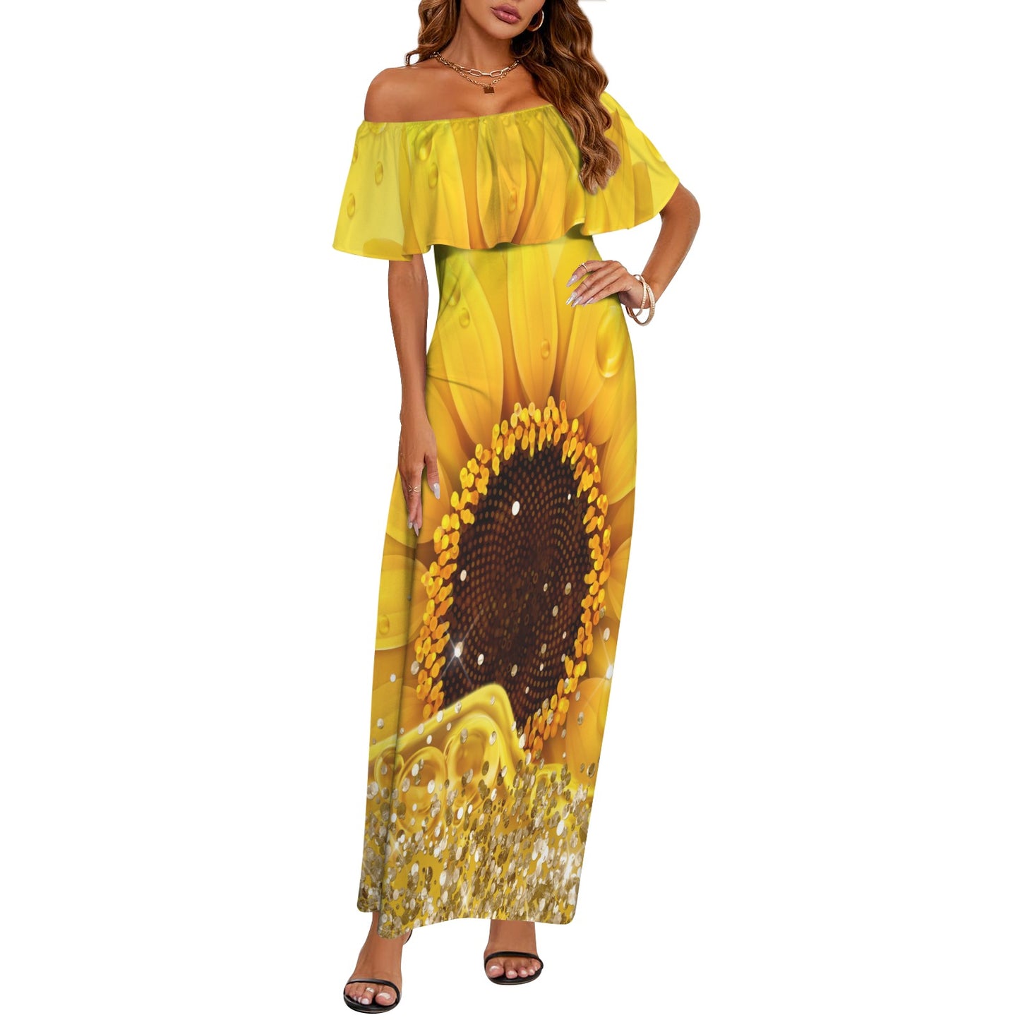 Sunflower awd1347 Women's Off Shoulder Ruffle Boat Neck Dress (Model D71)