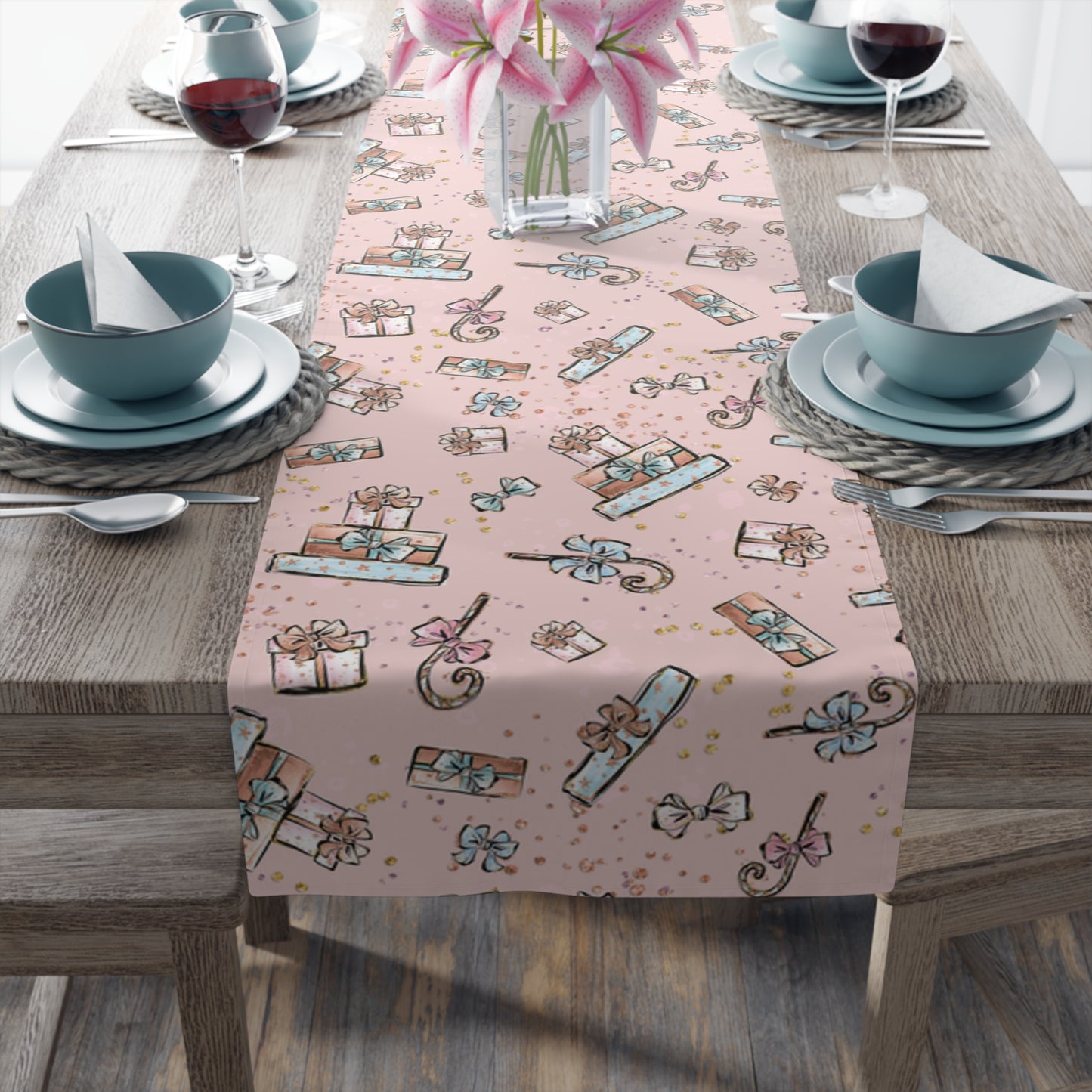 Pink Christmas, Presents, Table Runner, Cotton Twill and Poly Available, 2 sizes Available