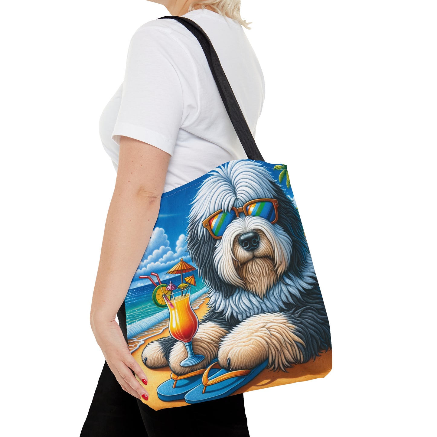 Tote Bag, Dog on Beach, Old English Sheepdog, Tote bag,  awd-1228