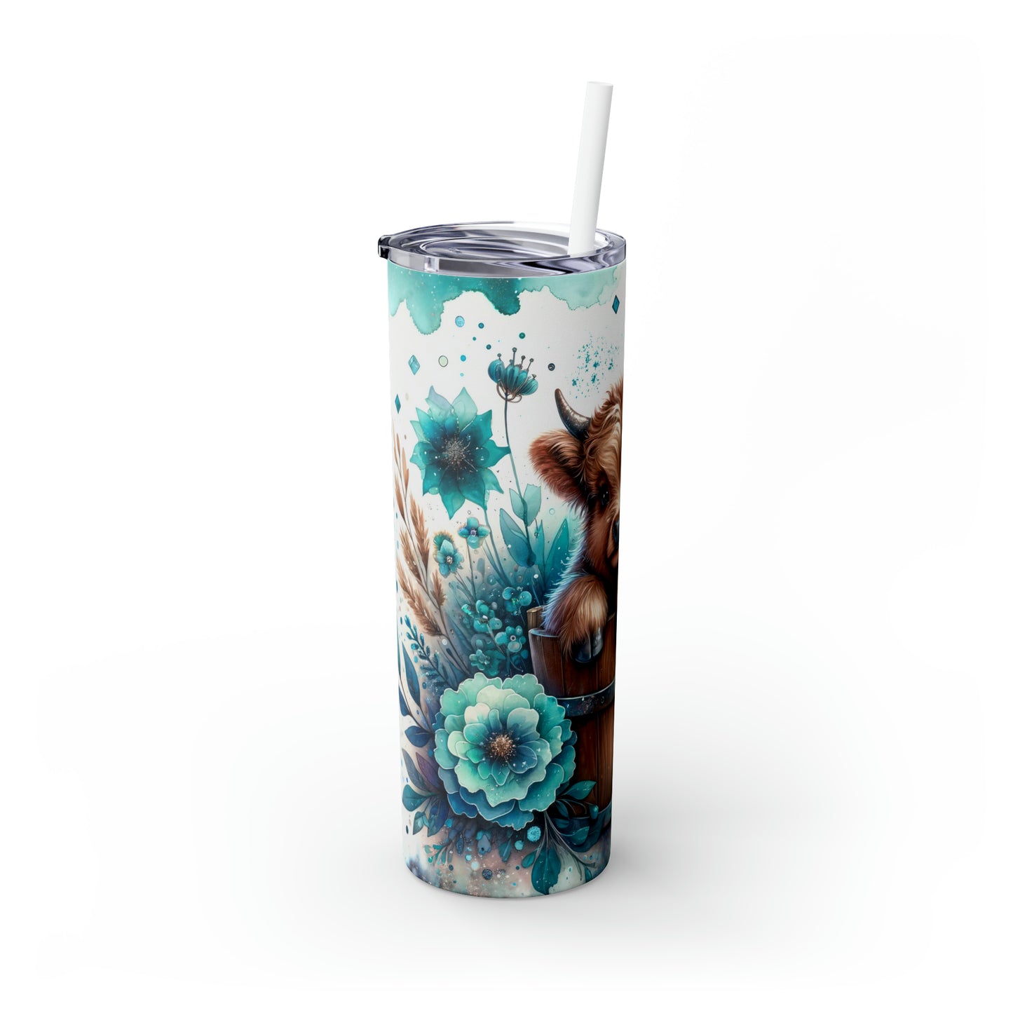 Skinny Tumbler with Straw, 20oz, Baby Highland Cow Sitting in Bucket Blue