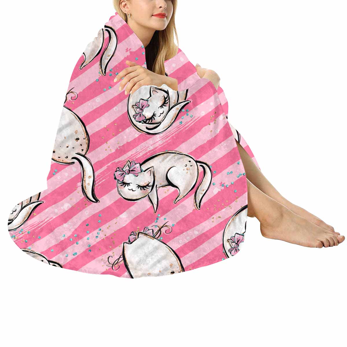 Cats Pink  Circular Micro Fleece Blanket 47"