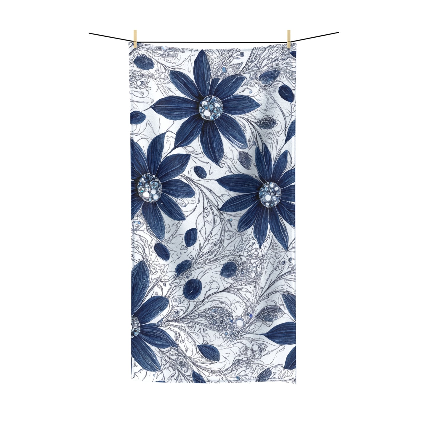 Beach Towel,  Navy Blue Floral, Polycotton Towel