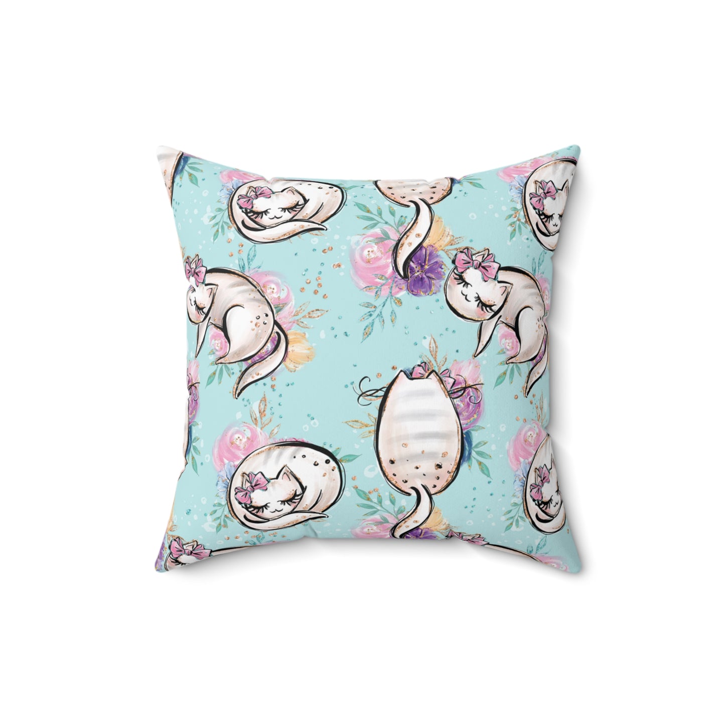 Spun Polyester Square Pillow, Cats Floral Cushion