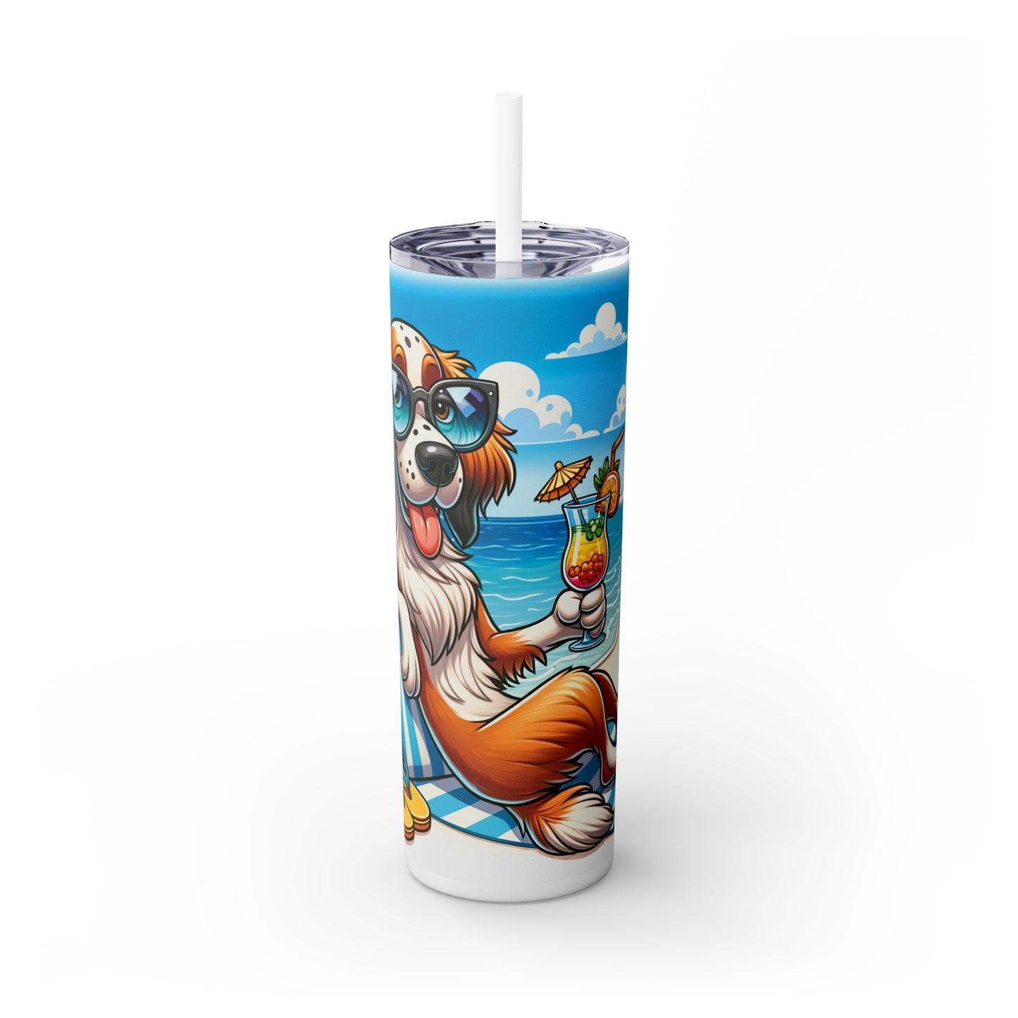 Skinny Tumbler with Straw, 20oz, Dog on Beach, English Setter, awd-1211