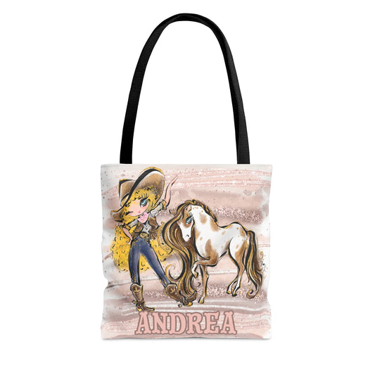 Personalised Tote Bag, Cowgirl & Horse, Blonde Curly Hair, Blue Eyes, Tote bag