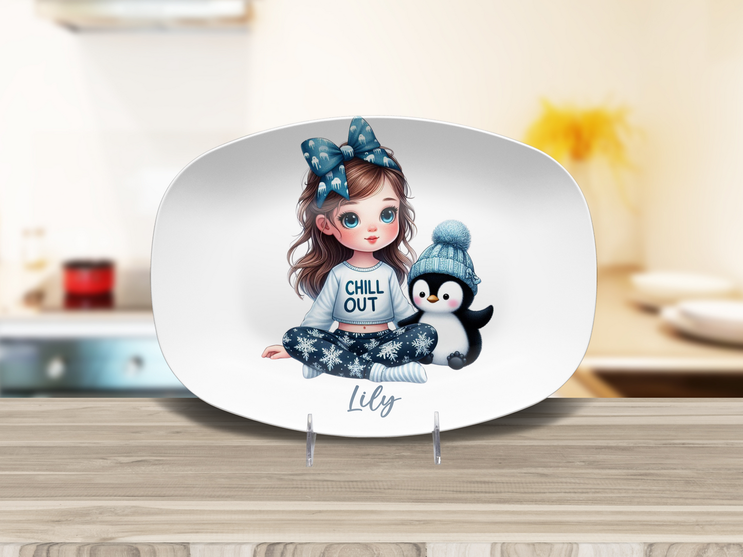 Personalised Girl with Bunny, Cow, Monkey, Penguin, Puppy, Racoon, Swan, Teddy Bear, Zebra Plates