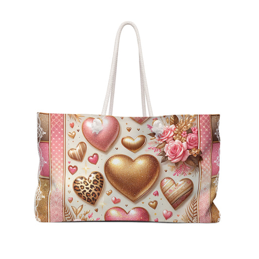 Personalised/Non-Personalised Weekender Bag, Hearts, Weekender Bag, Beach Bag, Book Bag