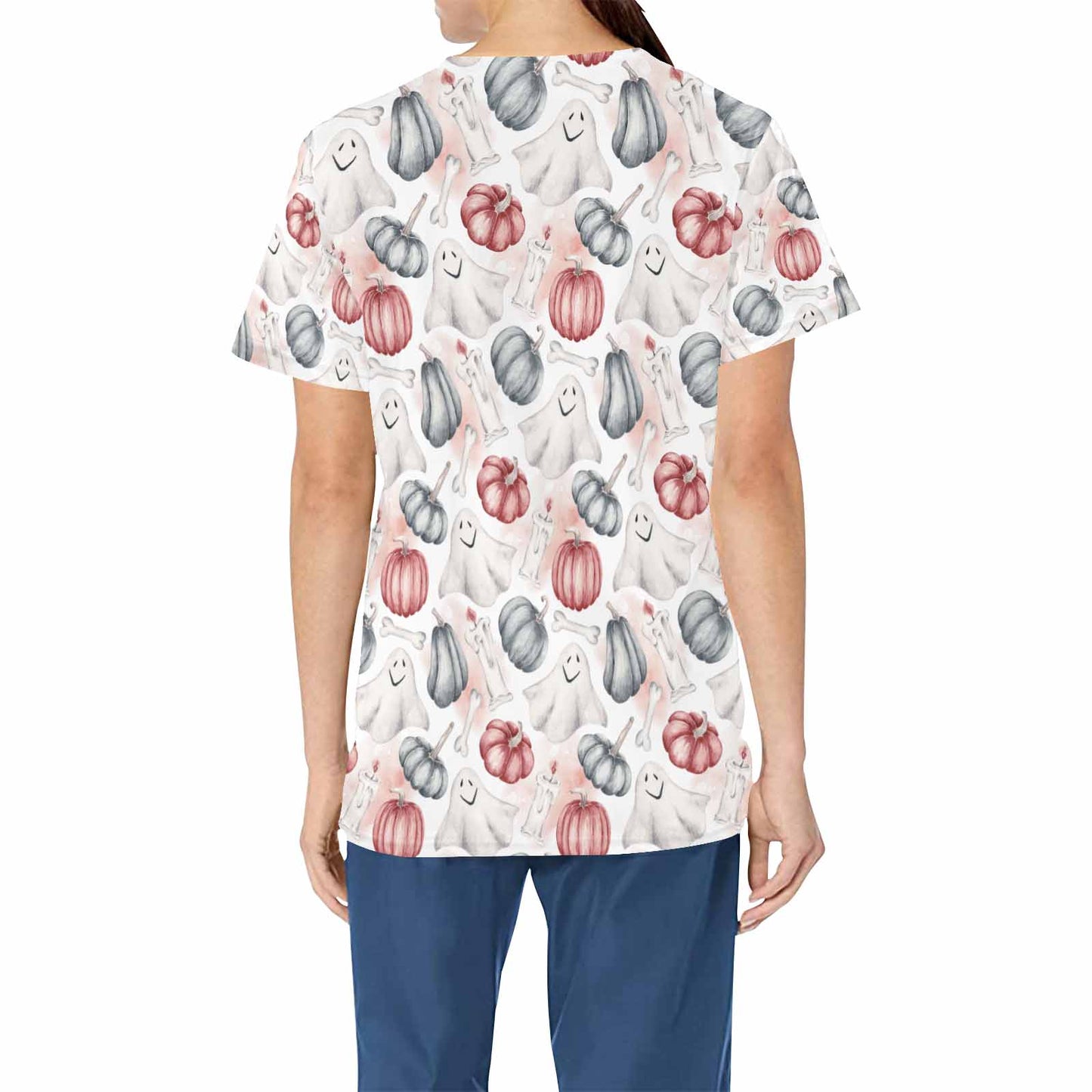 Watercolour Halloween Ghosts  Women's V Neck Scrub Top Nurse Uniform with Deep Front Pockets