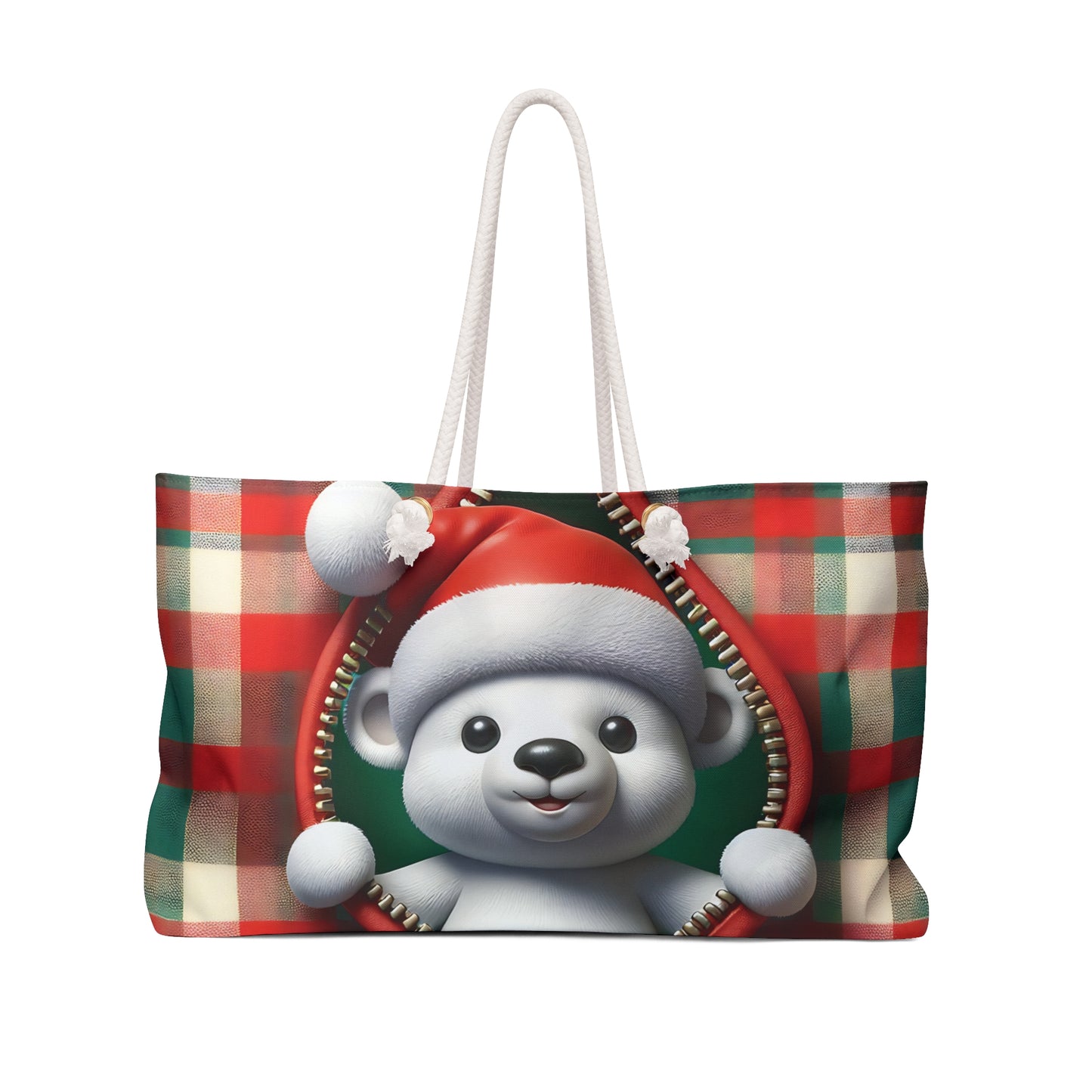 Personalised/Non-Personalised Weekender Bag, Cute Bear, Christmas, Tartan, Large Weekender Bag, Beach Bag, Book Bag