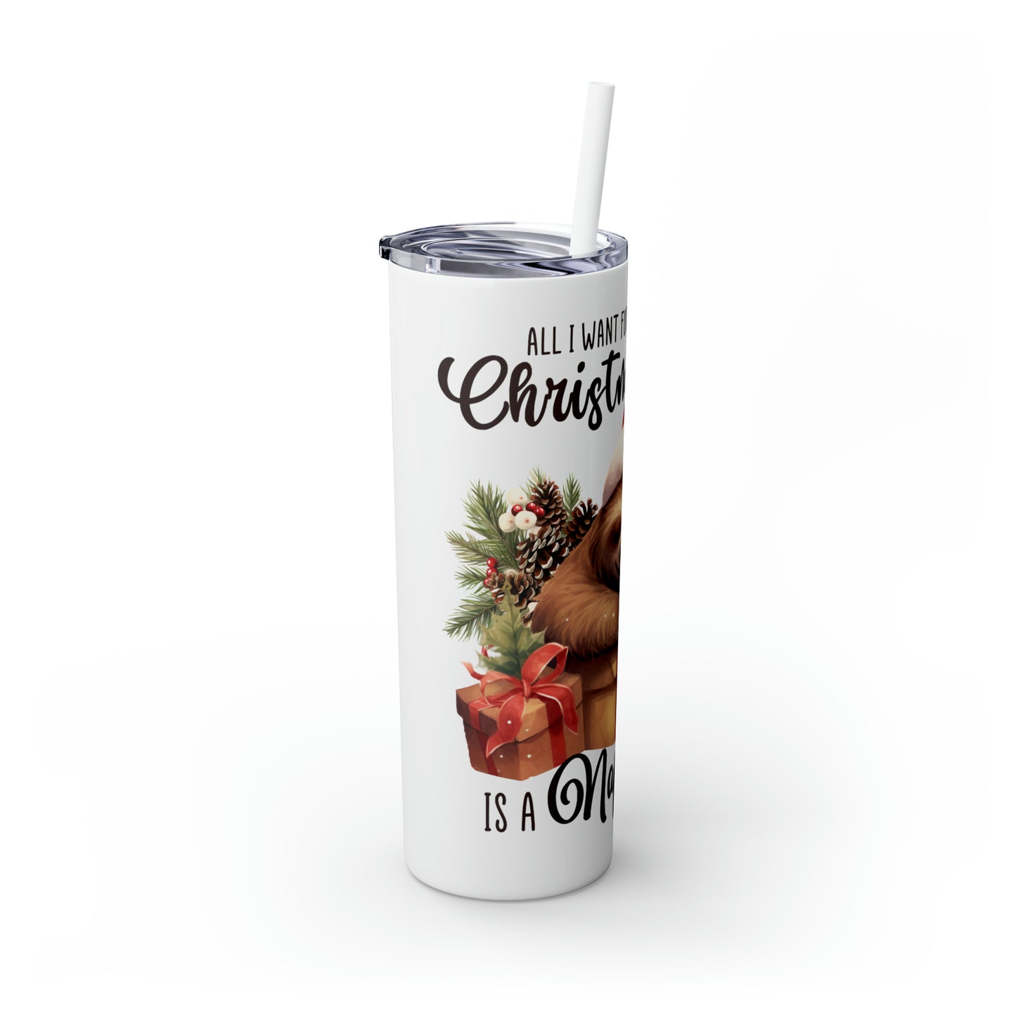 Skinny Tumbler with Straw, 20oz, Christmas, Sloth, awd-813