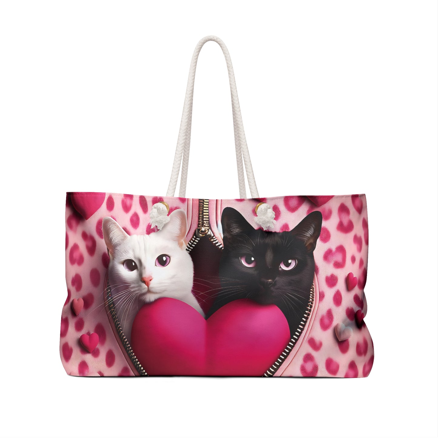 Personalised/Non-Personalised Weekender Bag, Cute Cat, Zipper, Valentines Day, Large Weekender Bag, Beach Bag, Book Bag