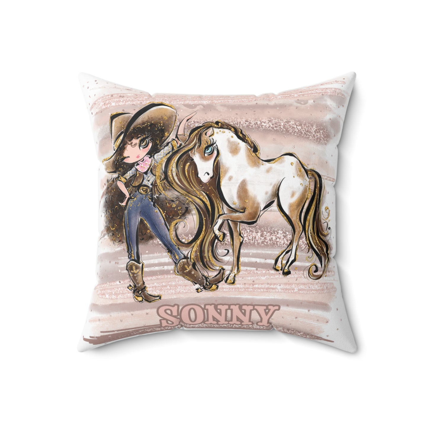 Personalised Cowgirl and Horse Cushion,  Brown Curly Hair, Brown Eyes, Polyester Square Cushion, Christmas cushion