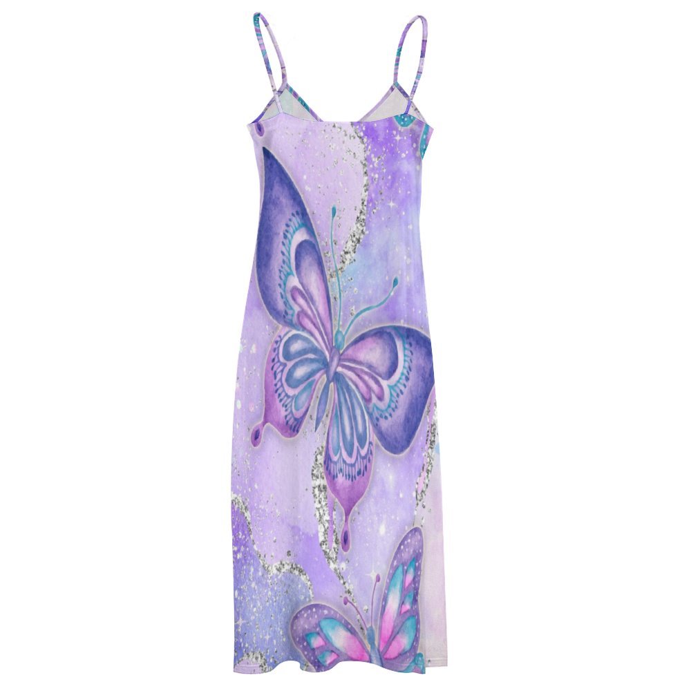 Purple Butterflies Spaghetti Strap Ankle-Length Dress Long dress