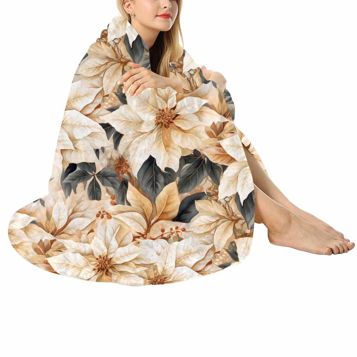 Cream Poinsettia2  Circular Micro Fleece Blanket 47"