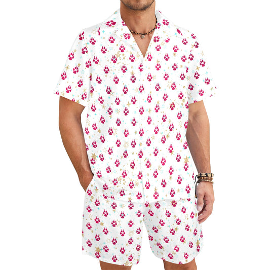 Men's Shirt & Shorts Set Dog Paws Red Men's Shirt and Shorts Outfit (Set26)