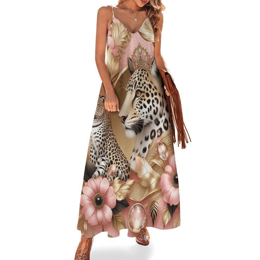 Pink Floral Leopard Spaghetti Strap Ankle-Length Dress Long dress