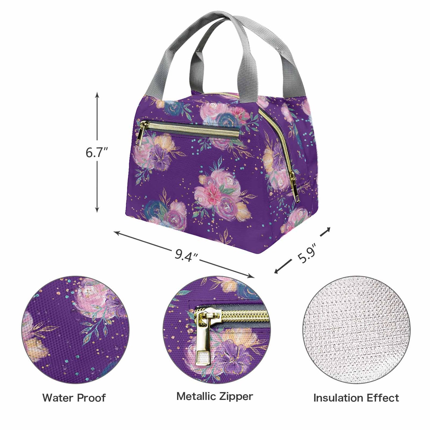 Purple Floral  Portable Lunch Bag-Grey Handle