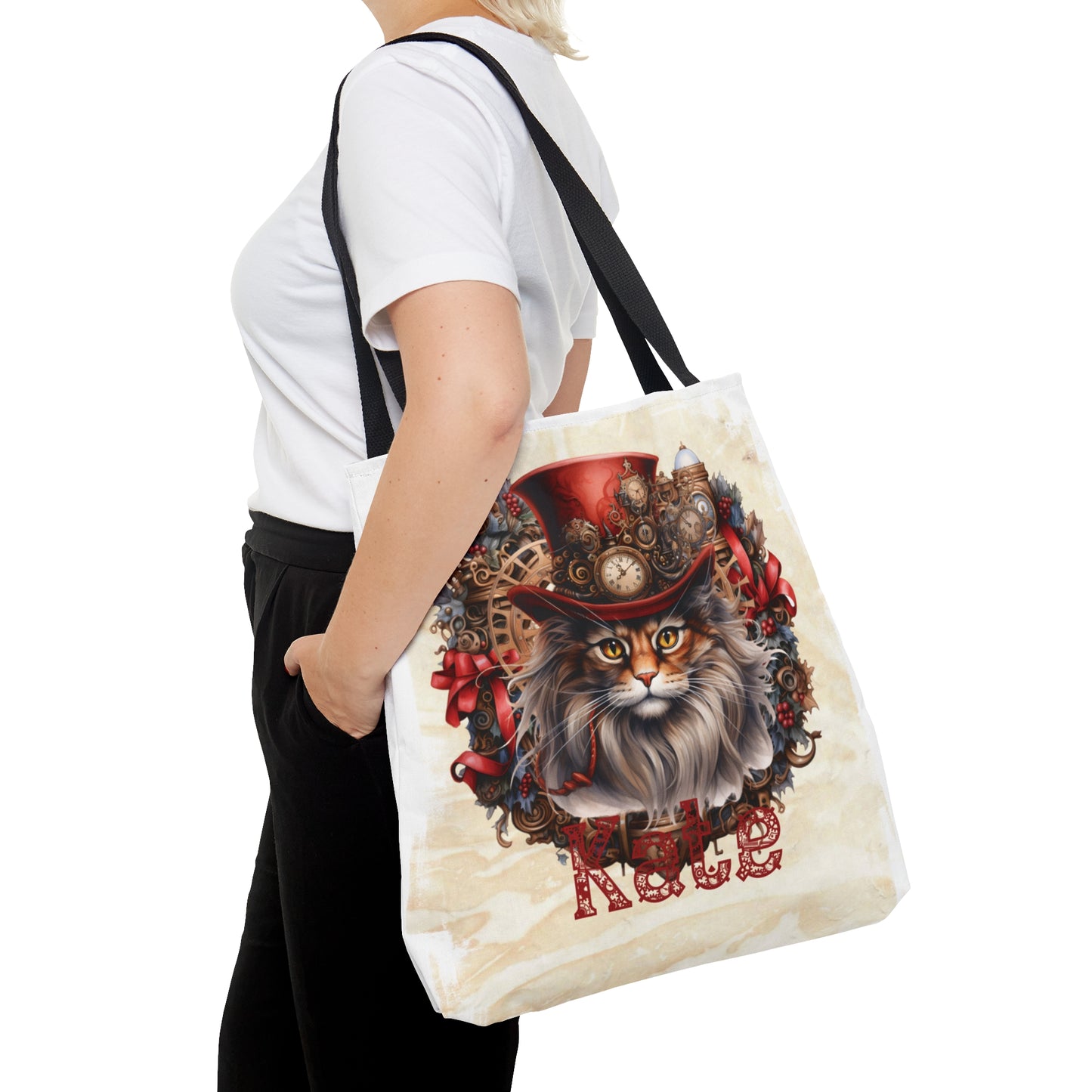 Steampunk Cat wreath Personalised Tote Bag, Steampunk Christmas bag, Christmas Tote Bag, Personalised/Non-Personalised