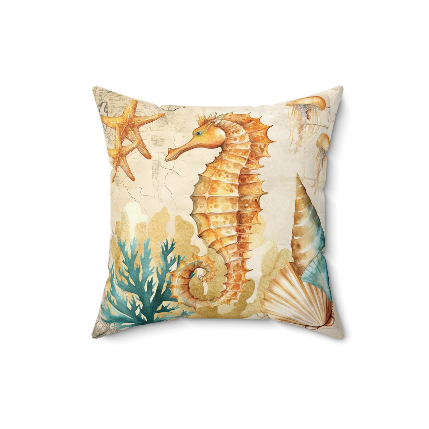 Nautical Polyester Square Cushion, Nautical cushion, Natural Seahorse