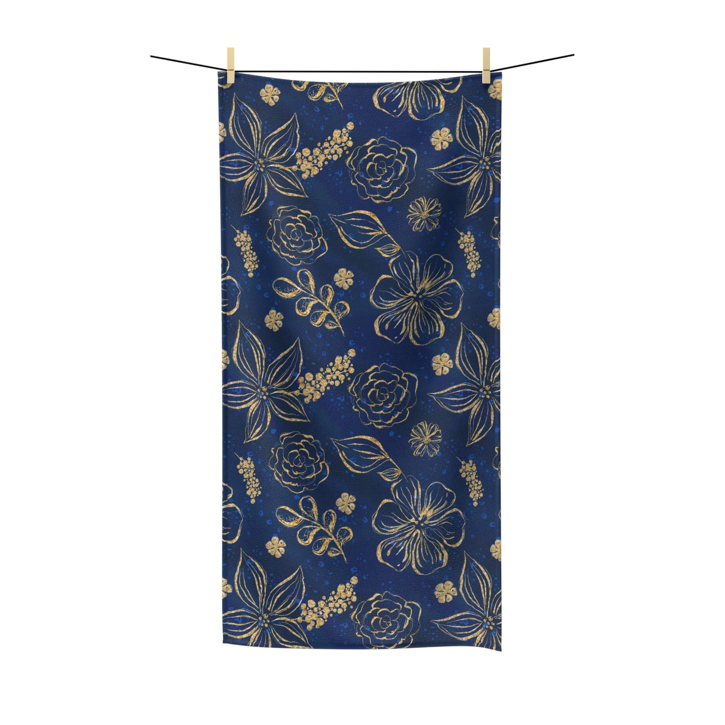 Beach Towel, Candy Blue Gold Flowers, Polycotton Towel