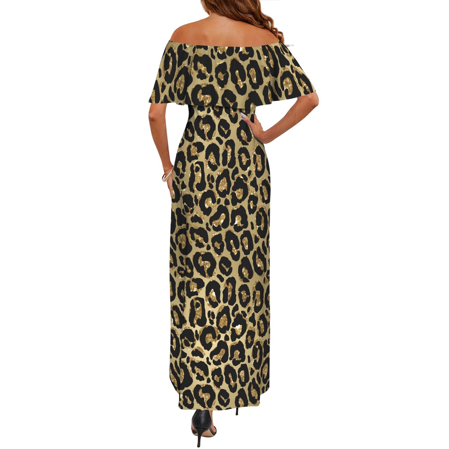 Animal print 4 Women's Off Shoulder Ruffle Boat Neck Dress (Model D71)