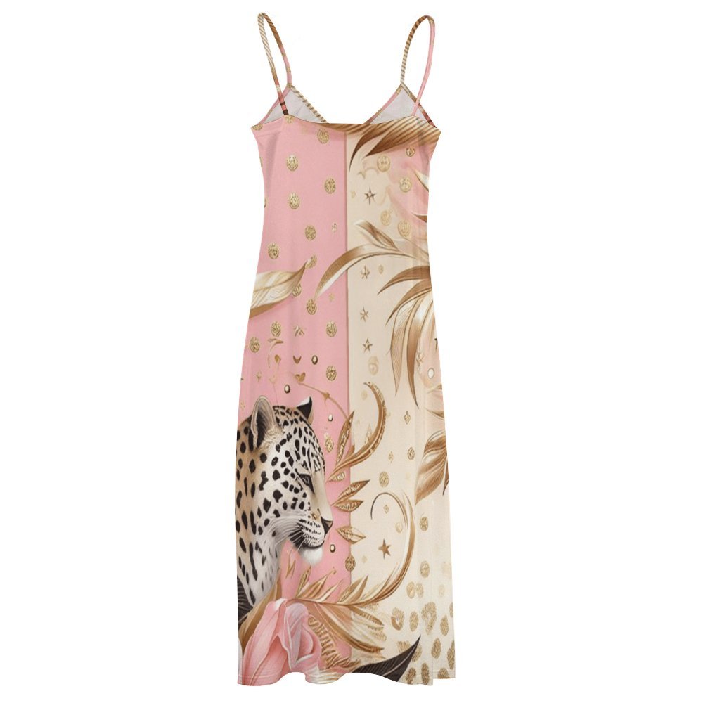 Leopard Pink and Beige Floral Spaghetti Strap Ankle-Length Dress Long dress