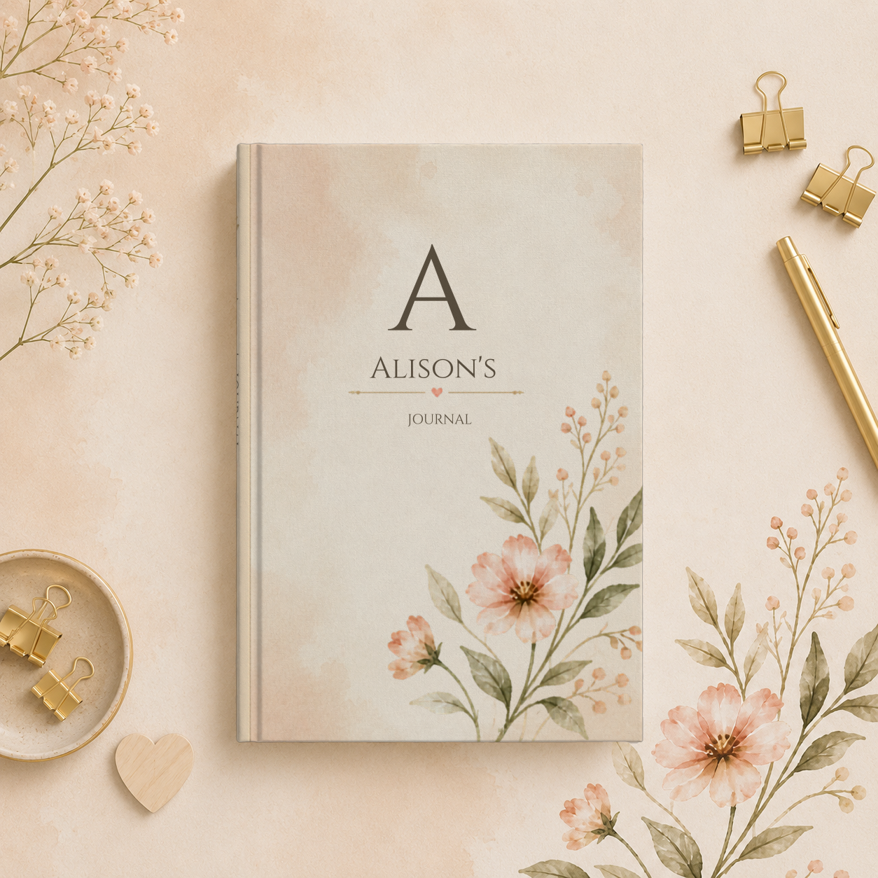 Personalized Floral Journal, Custom Name, Hardcover Notebook, Matte Finish, Stylish Writing, Gift for Writers, Elegant Stationery
